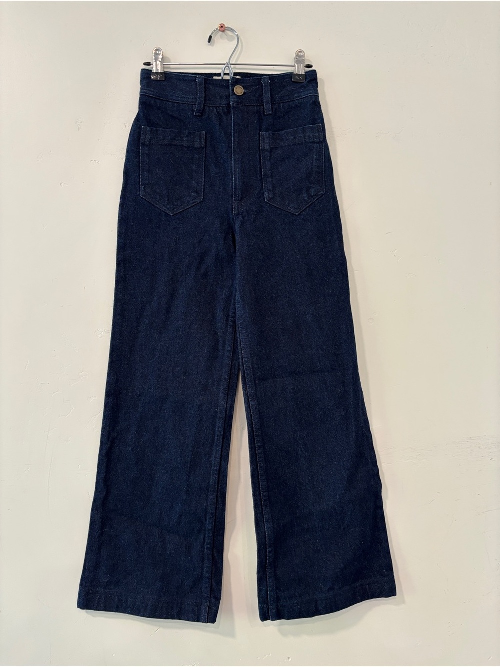 Sezane 70s High Waist Trousers Indigo Flared Organic Cotton Pants Sz 32 Wide Leg